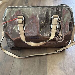 Michael Kors Grayson Silver Metallic Mirror Monogram Satchel SoHo Designer Grung
